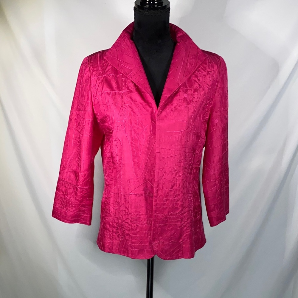 Chico's Hot Pink Embroidered Blazer Jacket Open Front Yellow Contrast Size 1 M